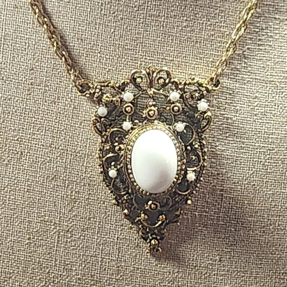 Vintage Gold Tone Filigree White Cabochon Victorian Revival Necklace